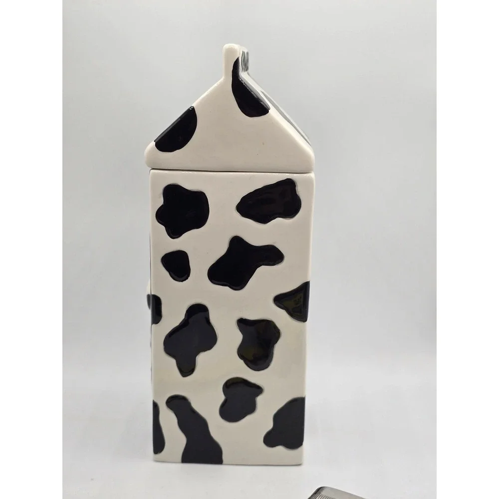 Houston Harvest Cow Print Milk Carton Ceramic Cookie Jar Fresh Cookies and Milk